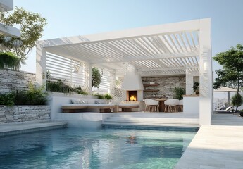 3D rendering of a modern terrace with white wooden lattices and a roof, a stone wall, plants on the sides, and a swimming pool in front of which there is an outdoor fireplace for a barbecue area.