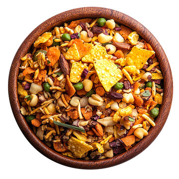 indian gujarati traditional tea time snack food chavanu mix farsan,known in india as namkeen,navratna Mix,chiwda,chevdo,bhel Puri,nimco mix,cutout isolated on a white background.