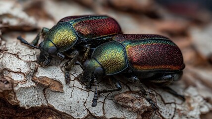 Two vibrant beetles are observed moving across rough tree bark in a sunlit environment.