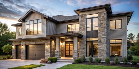 Fototapeta premium Modern two story house with large windows and stone exterior
