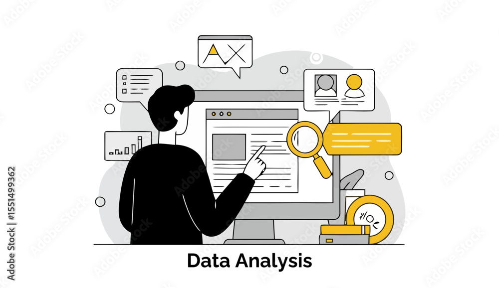 Poster young adult male in casual attire examines data on a computer screen in a modern office setting. ana