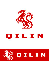 Obraz premium A bold red and white Qilin logo design representing the mythical Chinese creature symbolizing prosperity, power, and protection
