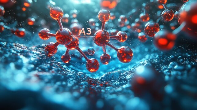 Red molecule structure in a deep blue matrix