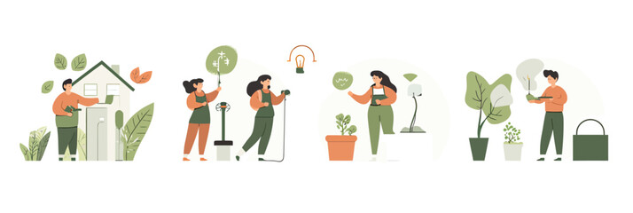 Sustainability energy efficiency concept with characters using plant powered electricity saving money in eco friendly home and office environment flat vector illustration