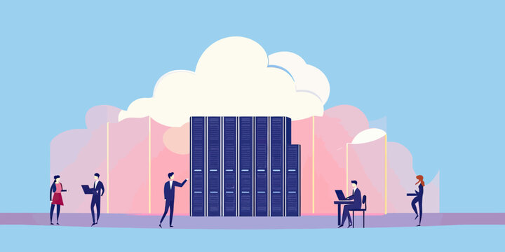 Business technology cloud computing data center server racks with diverse business people working in digital network communication concept flat vector illustration