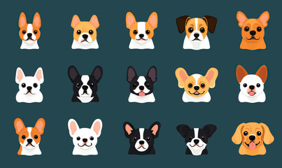 Obraz premium Set of 15 Flat Minimalist Vector French Bulldog Dog Heads with Various Coat Colors and Expressions on Dark Background