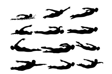 Silhouettes of swimmers performing various swimming strokes in sequence. Black vector illustration showing dynamic swim poses and aquatic motion for sports or training