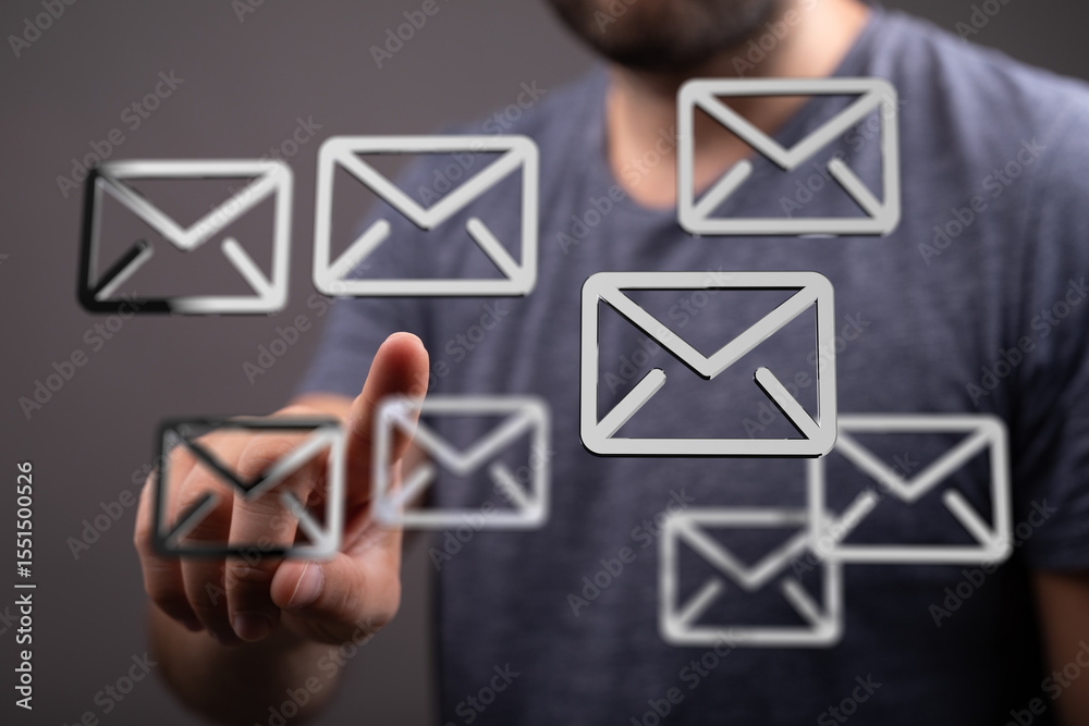 Aufkleber A person interacts with email icons, symbolizing efficient inbox management and communication.