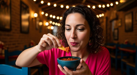 Woman Eating Salsa and Tortilla Chip at Mexican Restaurant. Happy Dining, Festive Atmosphere.