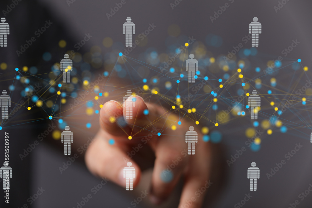 Poster Visual representation of a global network, showing interconnected individuals.