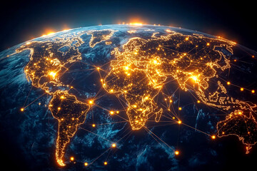 A digital map of the Earth at night, showing a global network of light and technology, perfect for geography and connectivity concepts