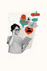 Poster sketch image artwork photo collage of communication quote sticker comment talk young lady...