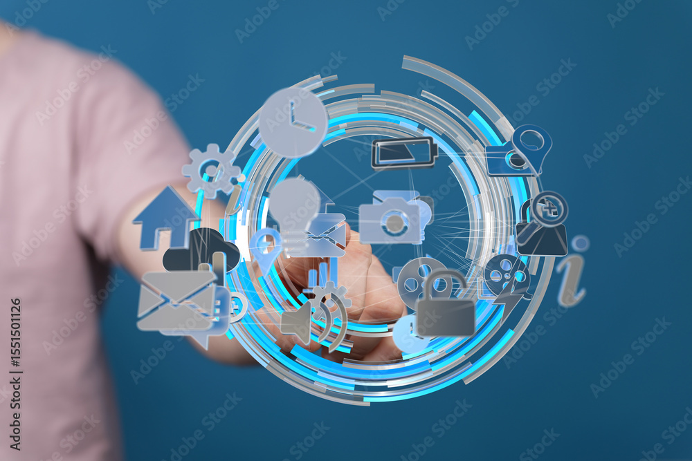 Aufkleber Person interacts with a digital interface showing various app icons, representing global connectivity and data access.