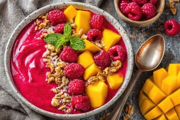 Vibrant smoothie bowl, layered with raspberries, mango, granola, and walnuts, garnished with mint