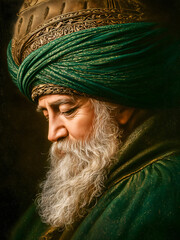 A contemplative Sufi mystic in ornate ceremonial turban