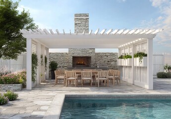 3D rendering of a modern terrace with white wooden lattices and a roof, a stone wall, plants on the sides, and a swimming pool in front of which there is an outdoor fireplace for a barbecue area.