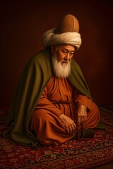 A spiritual elder seated in traditional Anatolian attire