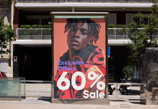 Blank advertising poster displayed in an outdoor elevator cabin, showcasing potential advertising space in an urban environment. PSD mockup