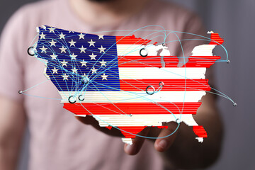 Stock photo of a digital map of the USA highlighting network connections and infrastructure.