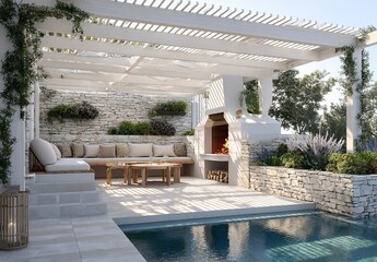 3D rendering of a modern terrace with white wooden lattices and a roof, a stone wall, plants on the sides, and a swimming pool in front of which there is an outdoor fireplace for a barbecue area.