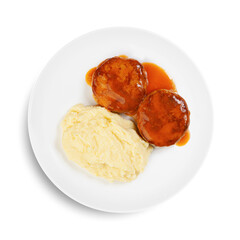 A white plate with meat and mashed potatoes on a white background