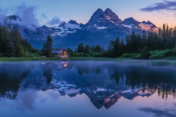 Cozy wooden cabin on serene lake with misty reflection and snow-capped mountains at sunrise in tranquil forest landscape