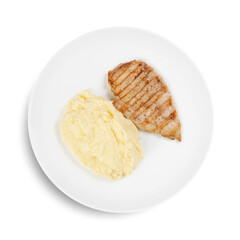 A white plate topped with grilled chicken and creamy potatoes