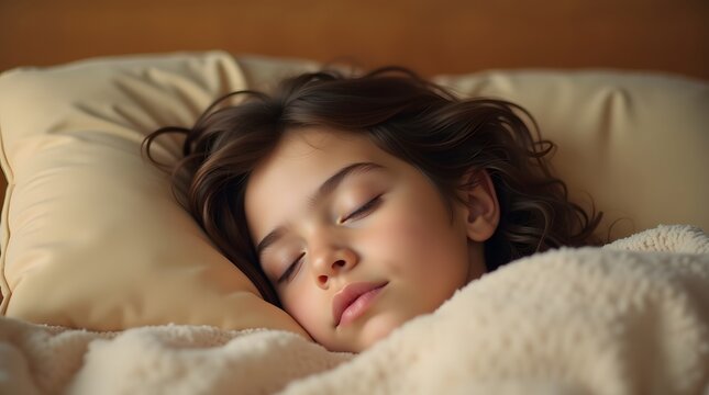 A serene young girl of mixed ethnicity peacefully sleeping under a cozy blanket, her curly hair gently framing her face.