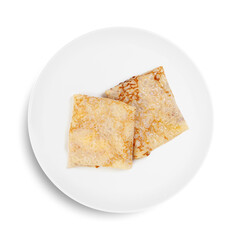 A white plate with three fluffy pancakes on a clean background