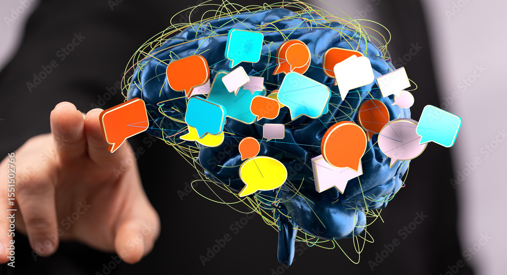 Aufkleber Conceptual image: Brain with colorful speech bubbles, representing communication, ideas, and networking.