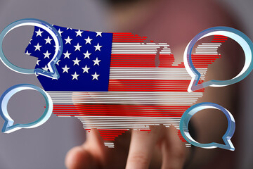 USA map graphic with chat icons.  Represents digital communication, social media, or public opinion.
