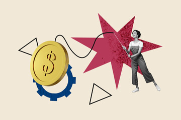 Trend artwork creative sketch 3D photo collage of young lady hold fishing rod coins cogwheel...