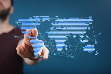 Digital world map showing global network connections and data flow.  Perfect for technology, business, and communication concepts.