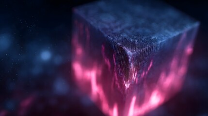 Glowing real time ticker ribbon wrapping around holographic cube