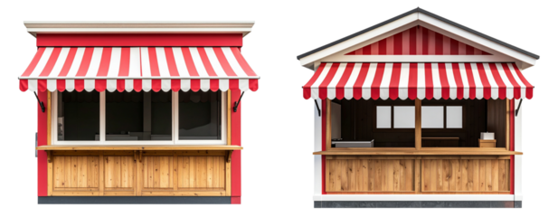 Realistic Red and White Kiosk with Striped Awning Isolated on Transparent Background PNG