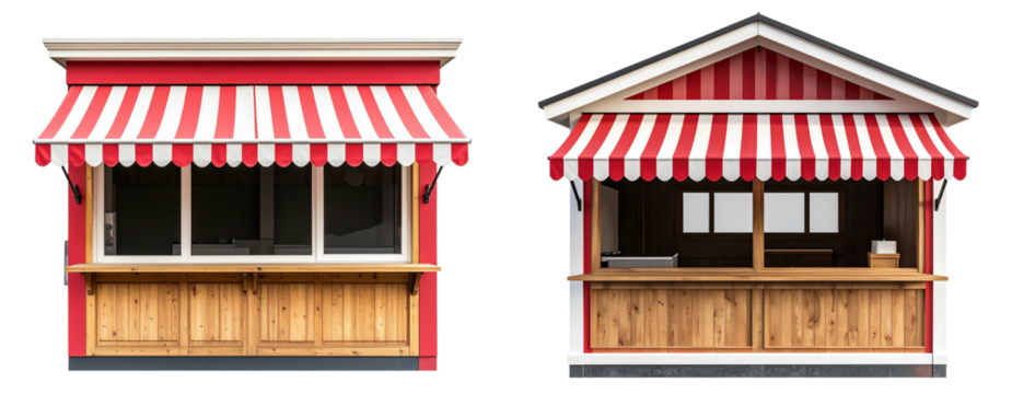 Realistic Red and White Kiosk with Striped Awning Isolated on Transparent Background PNG
