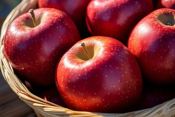 Fresh red apples in wicker basket with natural sunlight highlighting vibrant color and texture