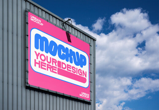 Poster Mockup for Storefront Ads. A blank poster mockup on a building facade awaits new advertisements under a clear sky with fluffy clouds. Ideal for business promotion.