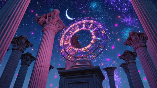 Magical zodiac ring floating in cosmic sky among ancient pillars with glowing mystical lights and star patterns