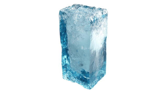 Tall blue ice block with sharp edges and frozen texture standing vertically in a clean minimal composition isolated on white background