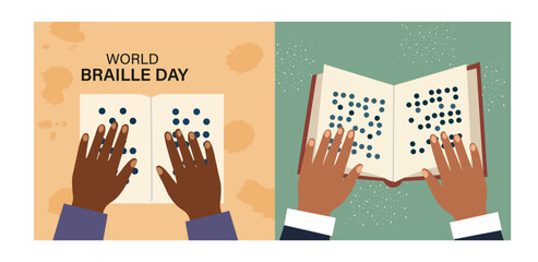 World Braille Day Vector Banner Set - Diverse Hands Reading Braille Illustrations for Accessibility Awareness-03