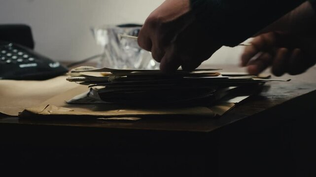 Close-up of hands sorting pile of old mail postal letters on retro desktop