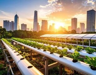 Fototapeta premium Urban rooftop farm at sunrise, with city skyline