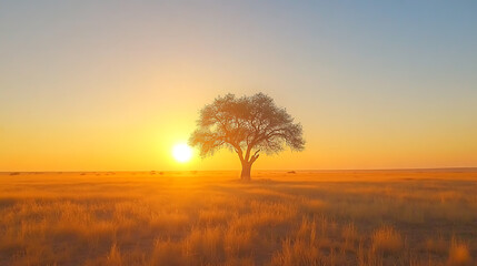Lone tree standing in savanna at golden sunset, wildlife landscape