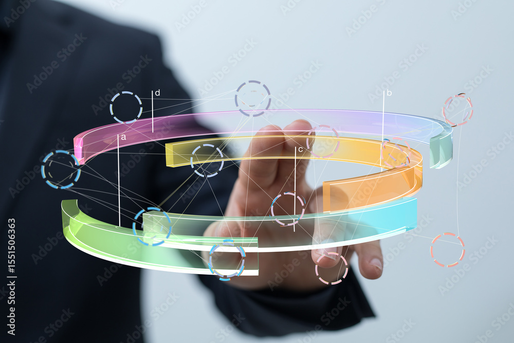 Poster A businessman interacts with a holographic 3D data visualization, showcasing modern technology and data analysis.