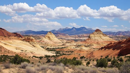 Panoramic view of a desert landscape with colorful sandstone formations, mesas, and valleys under a partly cloudy sky