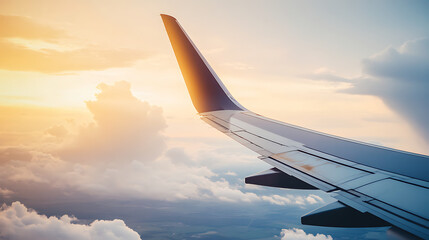 Obraz premium Airplane wing flying high above the clouds at sunset
