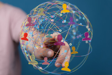 Hand interacts with a digital network, showing global connections and communication.