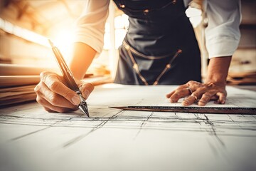 Close-up of a person sketching blueprints in a workshop.  Sunlight streams in, highlighting the hands and drawing