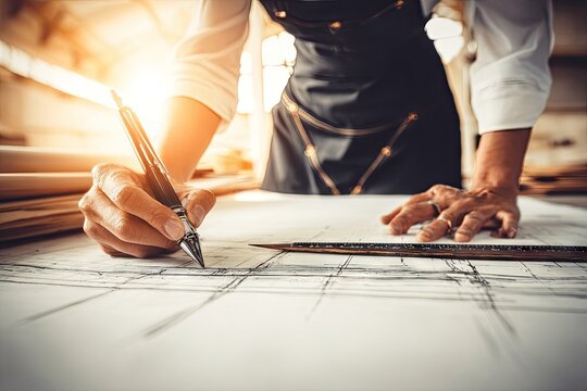 Close-up of a person sketching blueprints in a workshop.  Sunlight streams in, highlighting the hands and drawing - Powered by Adobe